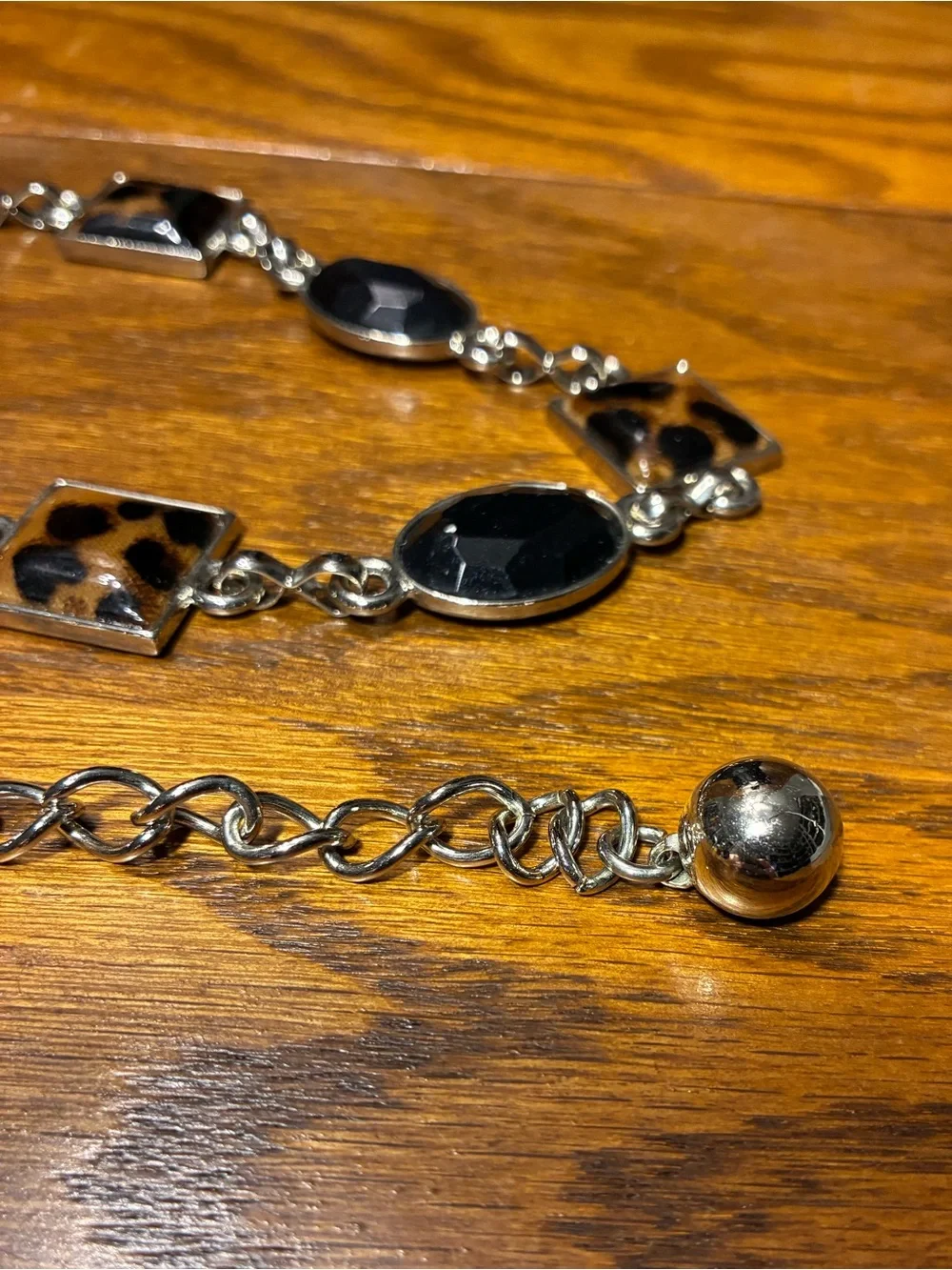 Y2K Vintage Leopard Print Black Stone Chain Belt Silver Adjustable One Size